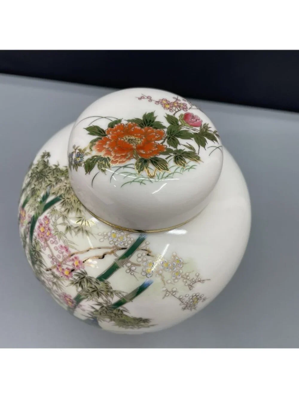 Vintage 70s Japan Yamaji Ginger Jar Peacocks Floral Porcelain Hand Painted